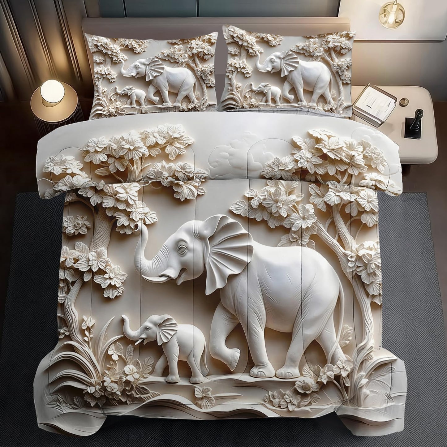 Elephant Comforter Set King Adult, White Animal Bedding Set King for Man, Cute Animal Comforter for Kids,Elephant Quilt Pattern White Bedroom Decor Womens, Relief Bedding