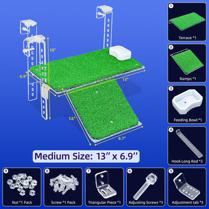 Adjustable Hanging Turtle Dock with Anti-Slip Artificial Grass Basking Platform Sturdy Acrylic Ramp for Aquatic Turtles, Compatible with Various Tank Sizes, Easy Setup Transparent, 13x6.9 Inch
