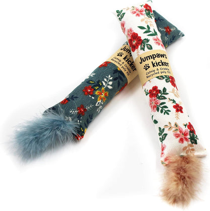 2 Pack Natural Interactive Catnip & Silvervine Cat Kicker with Feathers, Bite Resistant Chew Toy, Crinkle Kicker, Accessories for Indoor Cat, Premium Corduroy Floral