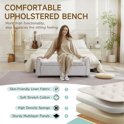 Ottoman with Storage, Tufted Storage Bench for Bedroom, 48" Fabrics End of Bed Bench, Upholstered Entryway Shoe Benches with Rolled Arm & Inner Zipper, Window Ottomans Chest with Rivets, Light Grey