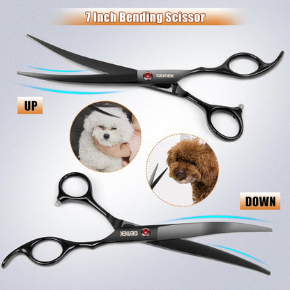 7.0in Titanium Professional Dog Grooming Scissors Set, GEMEK 6 in 1 Straight & Thinning & Upwards Curved & Downwards Curved Scissors & Comb for Dogs, Cats and Other Animals (Black)