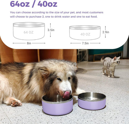 Dog Bowl, Stainless Steel Dog Food and Water Bowl with Non Slip Quiet Bottom, Easy to Clean, Dishwasher Safe, 64oz, Light Purple
