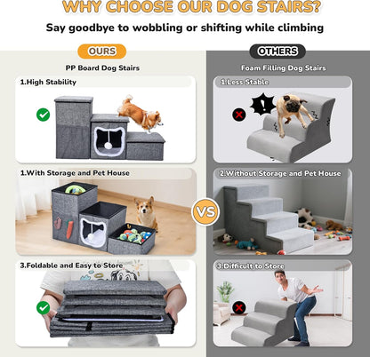 Bilibrara Dog Stairs for Small Dogs, Foldable Pet Steps for High Bed, Non-Slip 3-Step Cat Stairs with Storage, Condo and Fluffy Ball, Small Dog Indoor Ramp for Couch Window, 16'' H