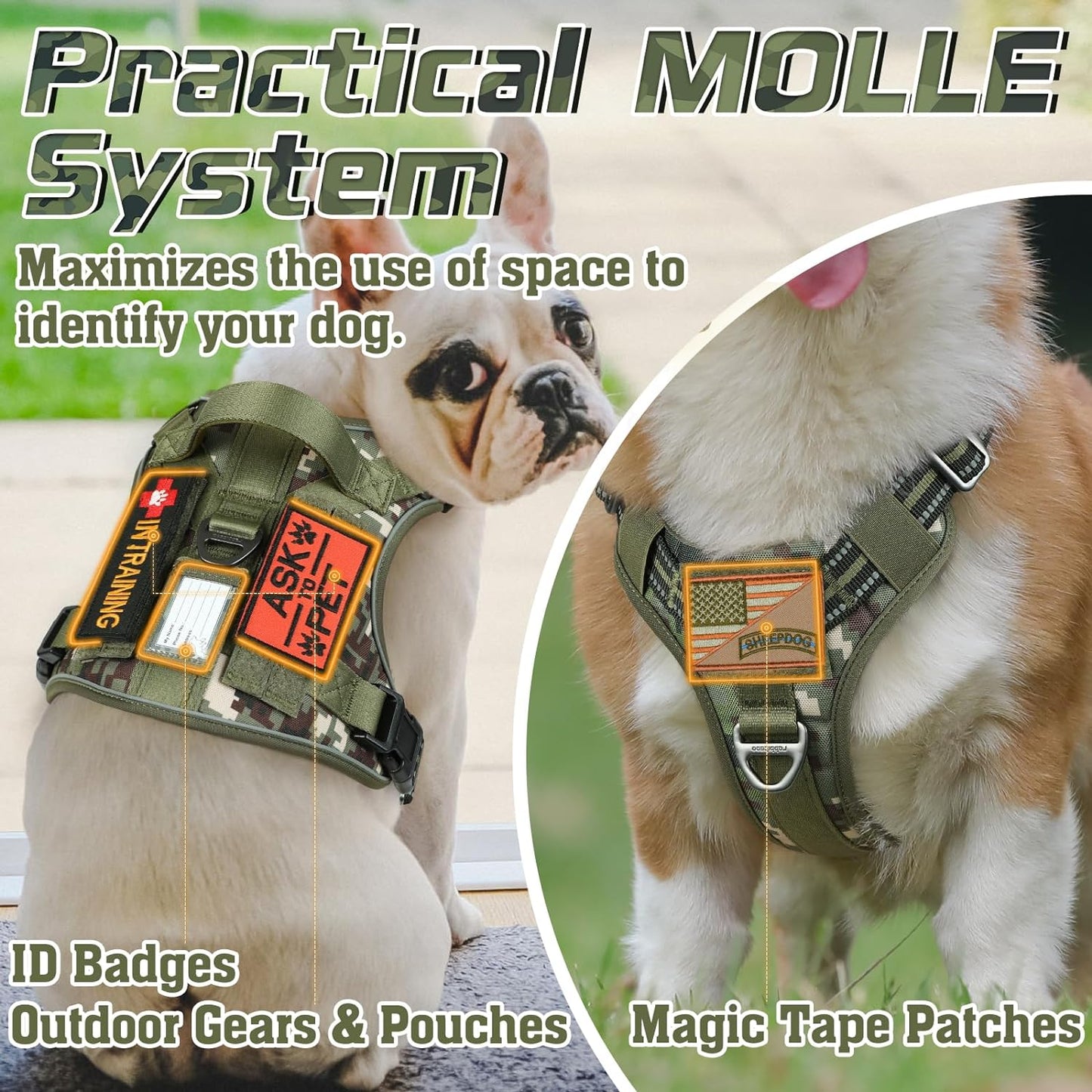 rabbitgoo Tactical Dog Harness Medium Sized Dog, No Pull Military Service Vest with Handle & Molle, Easy Control for Training Walking, Adjustable Reflective Straps, Green camo, M