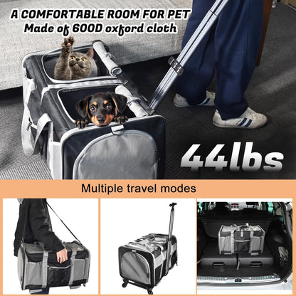Cat Carrier for 2 Cats, Large Dog Cat Carrier with Wheels for Under 44lbs, Rolling Pet Carrier with Removable Pole Platform and Upgraded Wheels Dog Cat Travel Carrier for Hiking Camping, Black