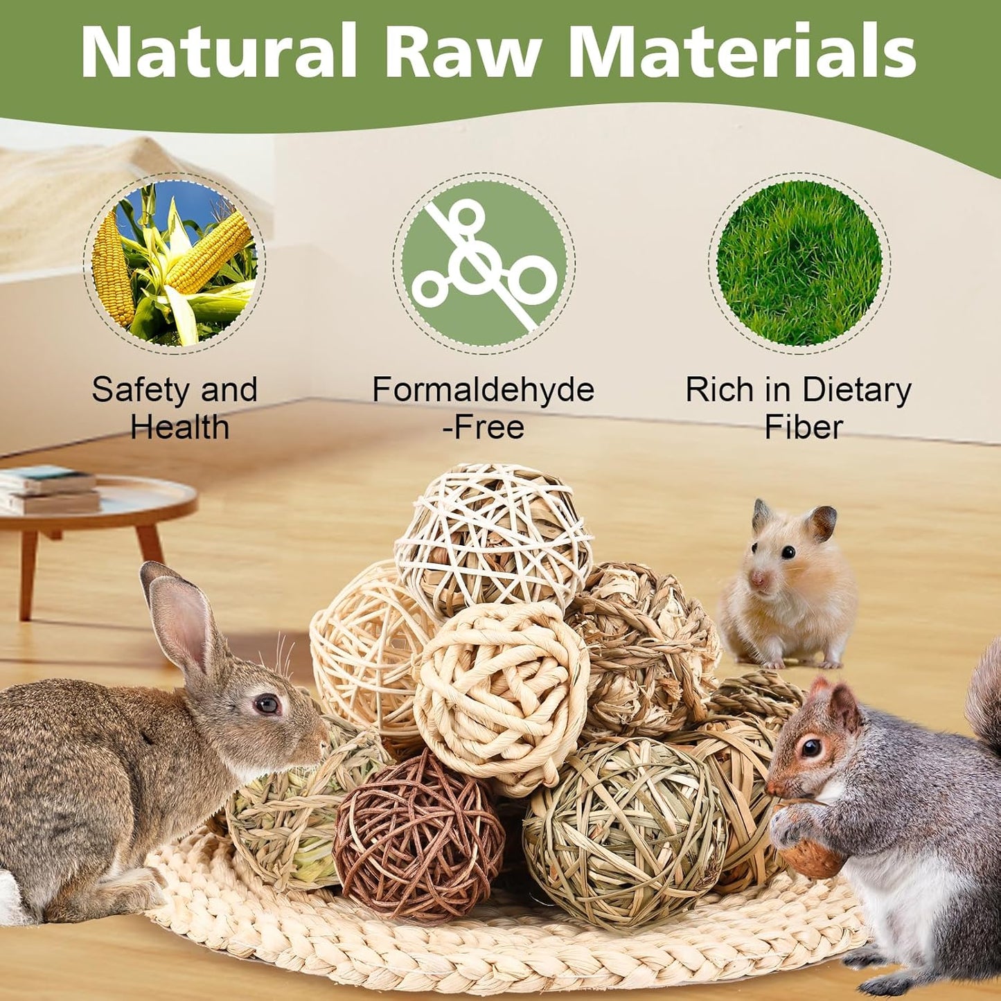 Bunny Chew Grass Balls, Rolling Chew Toys for Small Animals, Improving Dental Health, Natural Chew Grass Toys for Rabbits, Guinea Pigs, Chinchillas, Hamsters, Mice (16 Pcs)