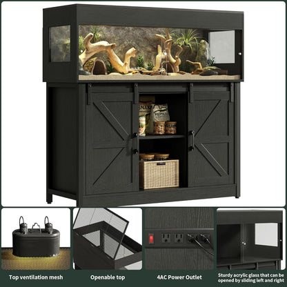 60 Gallon Reptile Terrarium with Stand, Terrarium Enclosure with Acrylic Doors, Storage Cabinet with Barn Door, Mesh Lid & Power Outlet – Vivarium Habitat for Medium Reptiles Black PX05RTB