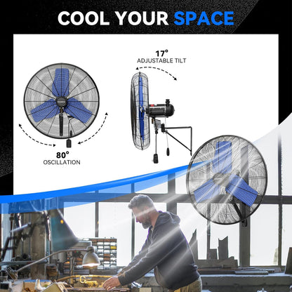 Pro 9500 CFM 24" Outdoor IP44 Waterproof Wall Mount Fan, 3-Speed Oscillating Metal Fans with Enclosure Motor, Heavy Duty Wall Fan for Patio, Warehouse, Garage, and Jobsite