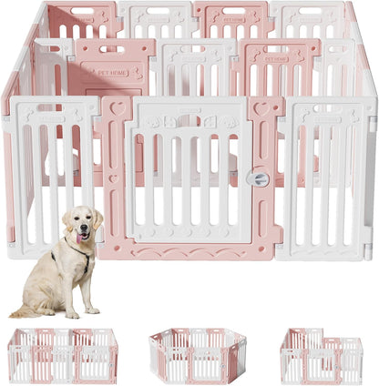 2 Room Dog Playpen with Door,DIY Shape Combination Puppy Pen,16-Panel+2 Link Piece+Large Door+Small Door,25.5" H Dog Fence,Non-Slip&Secure Pet Gate,Easy to Assemble,Pink + White