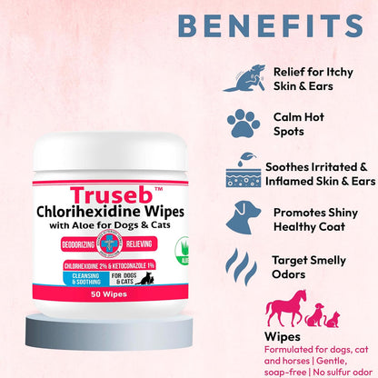 Truseb Topical for Dogs, Cats and Horses - with Aloe for Cleansing (Ketoconazole & Chlorhexidine Wipes, 100 Count)