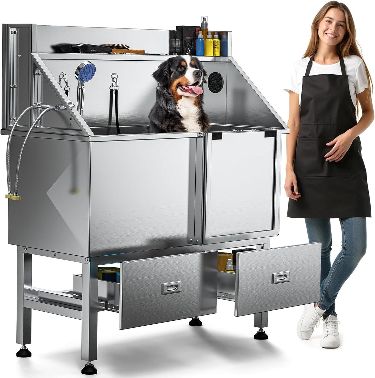 DWVO Professional Dog Bathing Station Stainless Steel 304 Dog Bathtub 50in for Grooming w/Left Door Ramp, 2 Storage Drawers, Faucet, Grate, Pet Washing Station for Large, Medium, Small Pets