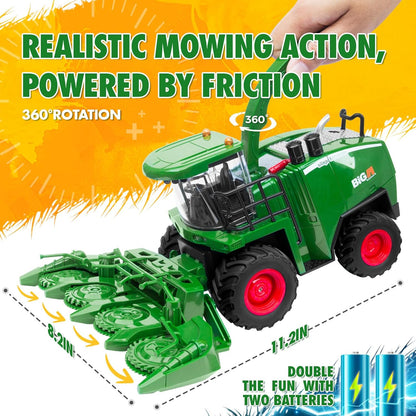 Remote Control Combine Harvester Tractor Toy, 1/24 Scale RC Harvester Toys for Kids with 2 Grian Heads/2 Rechargeable Batteries/Light, Farm Toys for 4 5 6 7 8 9 Year Old Boys Birthday Gift