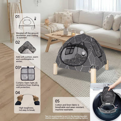 2-in-1 Elevated Cat Tent Cat House, Quick Assembly and Disassembly, Portable Indoor/Outdoor Cute Cat Bed Cave-Black Diamond Pattern