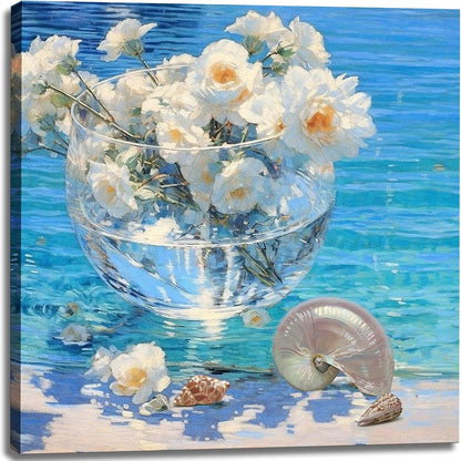 weiyiart Blue Ocean Wall Art Canvas Print Coastal Beach Painting with White Flowers & Shell Oil Painting Seascape Picture Decor for Living Room, Bedroom 24x24 inch