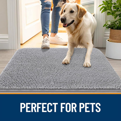 OLANLY Dog Door Mat for Muddy Paws 54x24, Absorbs Moisture and Dirt, Absorbent Non-Slip Washable Doormat, Quick Dry Chenille Mud Mat for Dogs, Entry Indoor Entryway Carpet for Inside Floor, Light Grey