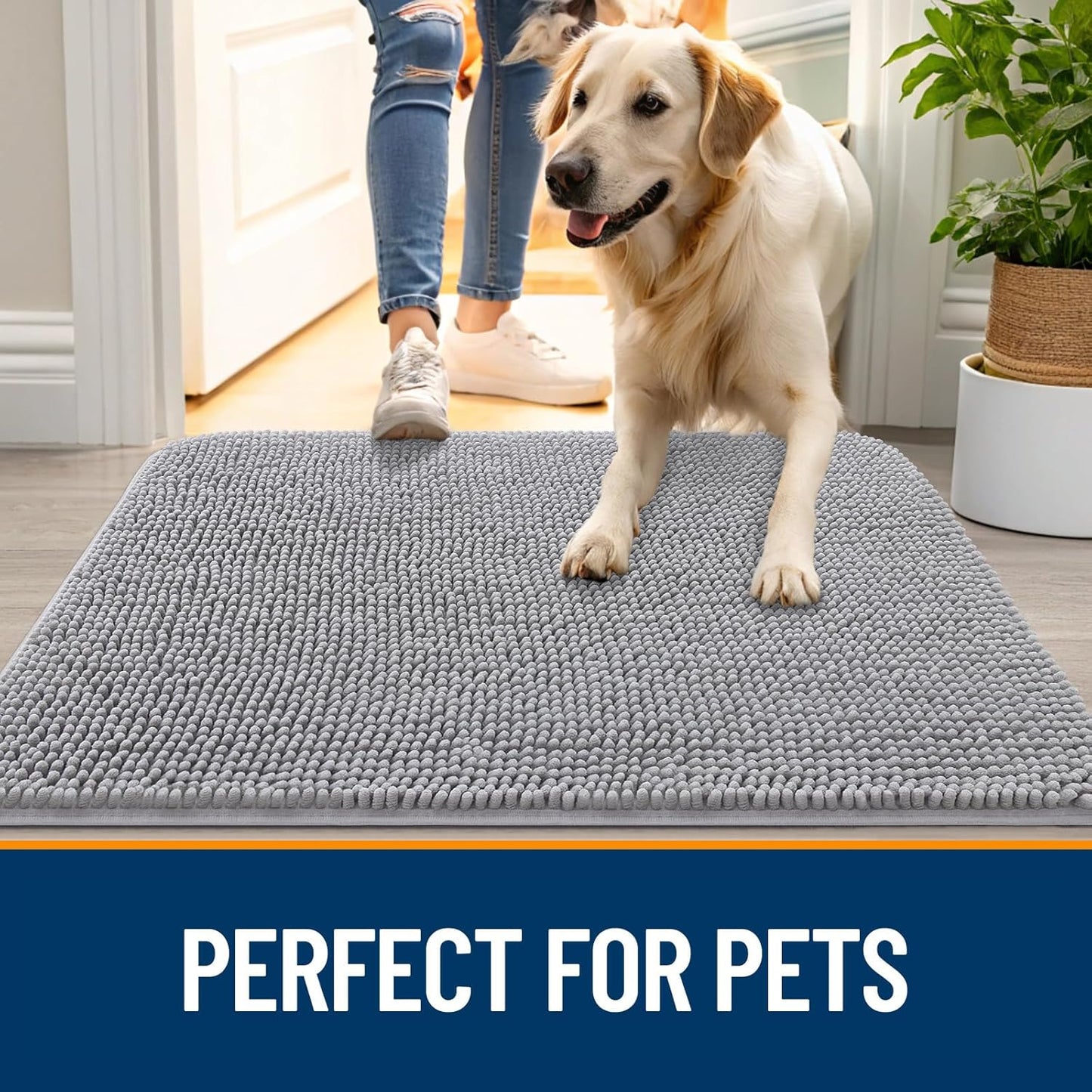 OLANLY Dog Door Mat for Muddy Paws 30x20, Absorbs Moisture and Dirt, Absorbent Non-Slip Washable Doormat, Quick Dry Chenille Mud Mat for Dogs, Entry Indoor Entryway Carpet for Inside Floor, Light Grey