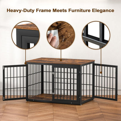 48 Inch Rustic Heavy Duty Dog Crate Furniture for Extra Large Dogs, Decorative Pet House End Table, Wooden Cage Kennel Furniture Indoor, Black and Brown