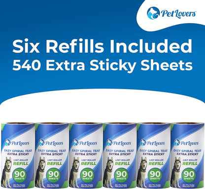 PetLovers Extra Sticky Lint Roller 6 Pack of Refills Only - No Handle Included - 90 Sheets Per Refill 540 Sheets Total