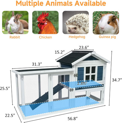 GARWOOD Large Outdoor Indoor Rabbit Hutch Wooden Bunny Rabbit Cage 2-Story with Run No-Leak Pull-Out Tray Waterproof Asphalt Roof Ramp for Guinea Pig Small Animal Wood Pet House Home Blue White