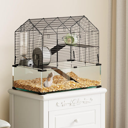 Large Hamster Cage with 7" Deep Tempered Glass Bottom, 3 Tiers Big Hamster Tank with Running Wheel, Hut, Water Bottle, Dish, Rat Cages for Syrian, Dwarf, Gerbils, Mouse, 22.83" x 15" x 21.25"