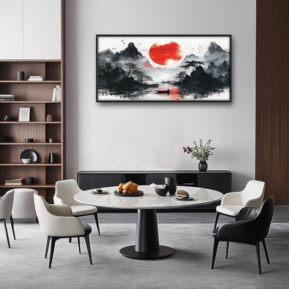 Framed Large Japanese Mountain Wall Art for Living Room, Oversized Asian Red Sun Lake Landscape Wall Decor Nature Canvas Painting Home Decoration for Living Room Bedroom Office 60"x30"