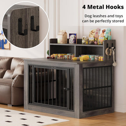 IRONCK Extra Large Dog Crate Furniture, 43.3 inches Wooden Dog Crate with Storage and 4 Hooks, Heavy Duty Pet Crate for Large Dog, Decorative Pet Cage for Indoor (30" L x 43.3" W x 41.1" H)