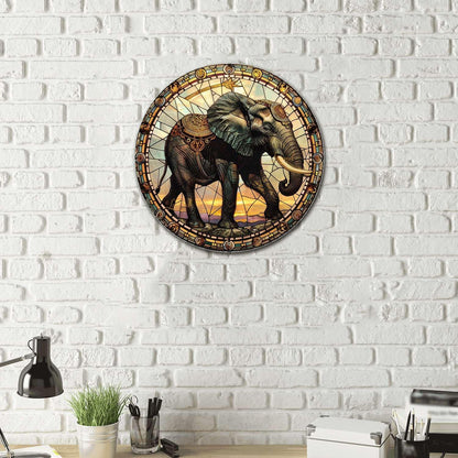 Lygond Metal Sign Tin Sign Circular Stained Glass Elephant Metal Sign for Club 12×12 Inches