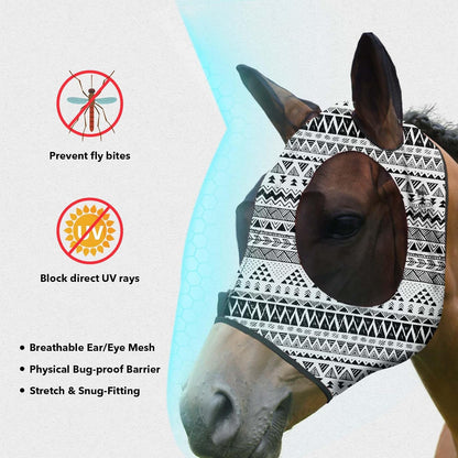 Harrison Howard Super Comfort Stretchy Fitting Horse Fly Mask with UV Protection Soft on Skin with Breathability Doodle Aztec Pony