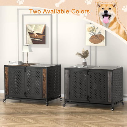 42" Heavy Duty Dog Crate Furniture for Large and Medium Dogs, Enclosed Design with 0.5 inch Holes, Indestructible Metal Kennel for High Anxiety Dogs, Chew Proof Pet House Cage Indoor, Brown