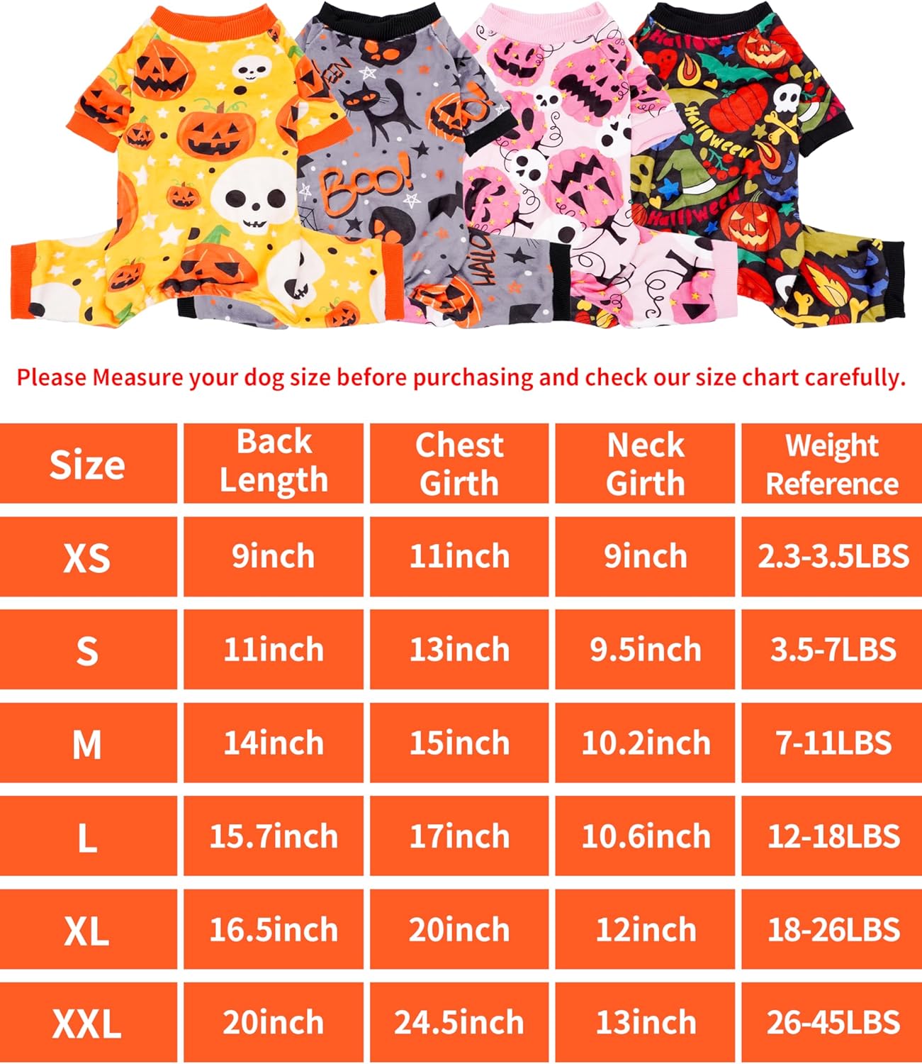 PET SHOW 4 Pack Halloween Small Dog Pajamas for Medium Dogs Onesie Pumpkin Ghost Soft Fleece Stretchy Jumpsuit Costume Boy Girl Pets PJs with Sleeve Clothes(M)