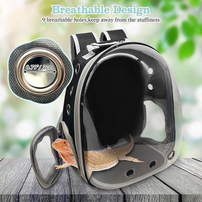PINVNBY Bearded Dragon Carrier Backpack with Harness and Leash Set Large Reptile Travel Carrier Portable Lizard Backpack Clear Bubble Window Small Animal Carrying Bag for Gecko Kitten Rabbit (Black)