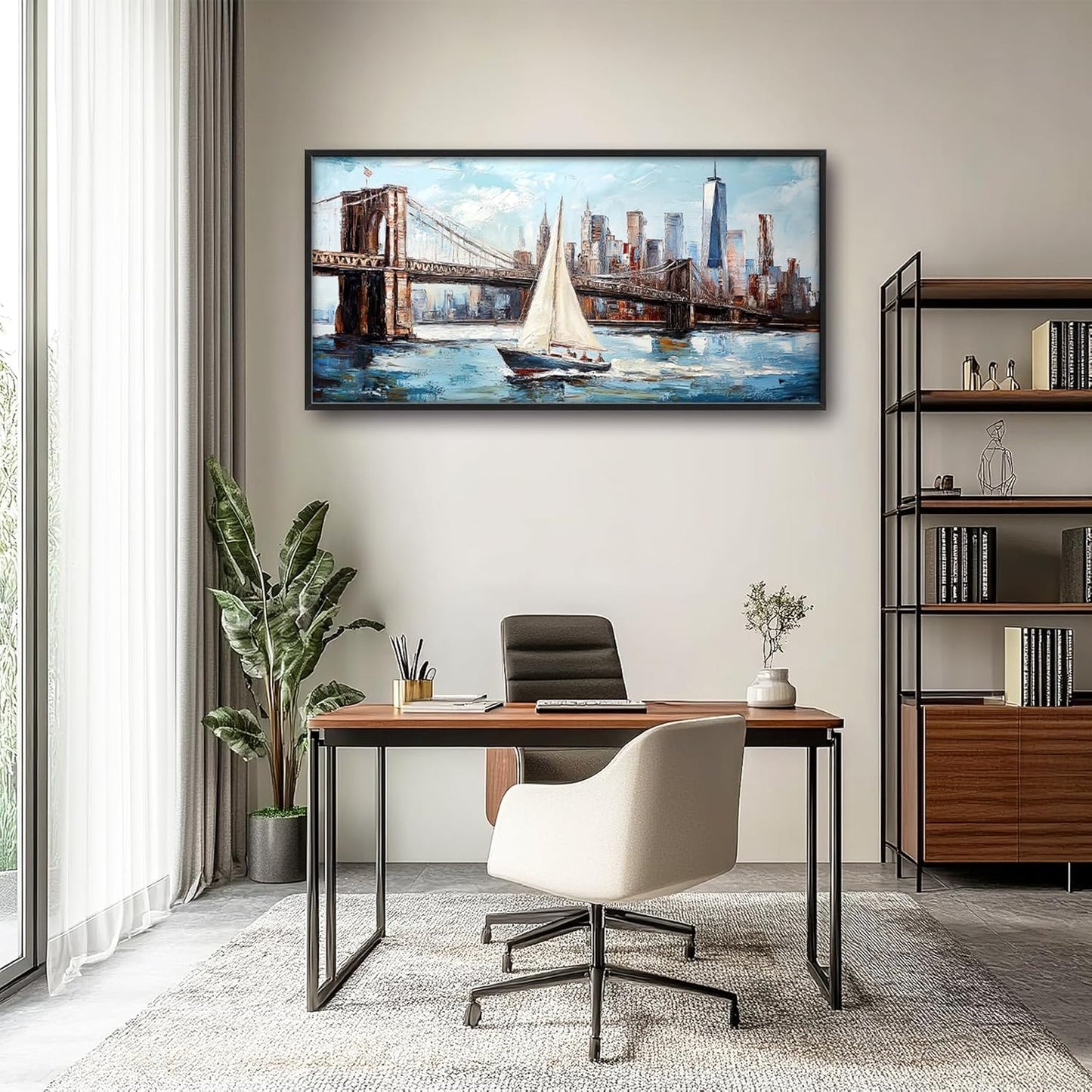 Extra Large Sailboat Framed Wall Art for Living Room,Oversized New York Brooklyn Bridge Pictures Wall Decor,Cityscape Canvas Print Painting Modern Artwork Bedroom Office Bathroom 60L" x 30W"