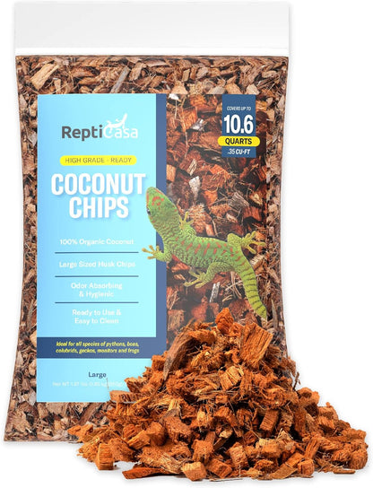 Organic Coconut Chips Substrate Clean & Ready to Use for Reptiles, Snake, Tortoise, and Amphibian, Natural Fiber Free Husks, Clean Breeding and Bedding Flooring, Odor Absorbing - 10.6 Quarts