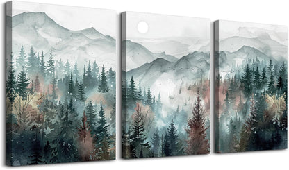 TTHYUEWS Farmhouse Wall Art For Bedroom Wall Decor For Living Room Wall Pictures for Office Fog Forest Mountain Landscape Watercolour Painting Artwork Modern Home Decorations Ready To Hang 3 Piece