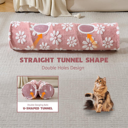 Straight Cat Tunnel for Indoor Cats 47"x12", Cute Cat Toys Collapsible Tunnel Tube with Balls for Puppy Kitten Rabbit, Pink Flower