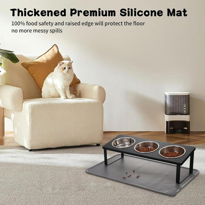 Upgraded Elevated Cat Bowls with Food Mat,15°Tilted Stand Anti Vomiting Raised Cat Dishes for Food and Water,3 Stainless Steel Bowls for Cats and Puppy（Black）