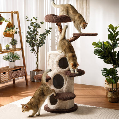 54.7'' Tall Modern Wood Cat Tree with 3 Level House, Luxury Cat Tower for Home Decoration, Large Cat Condo for Multi-Cat Families