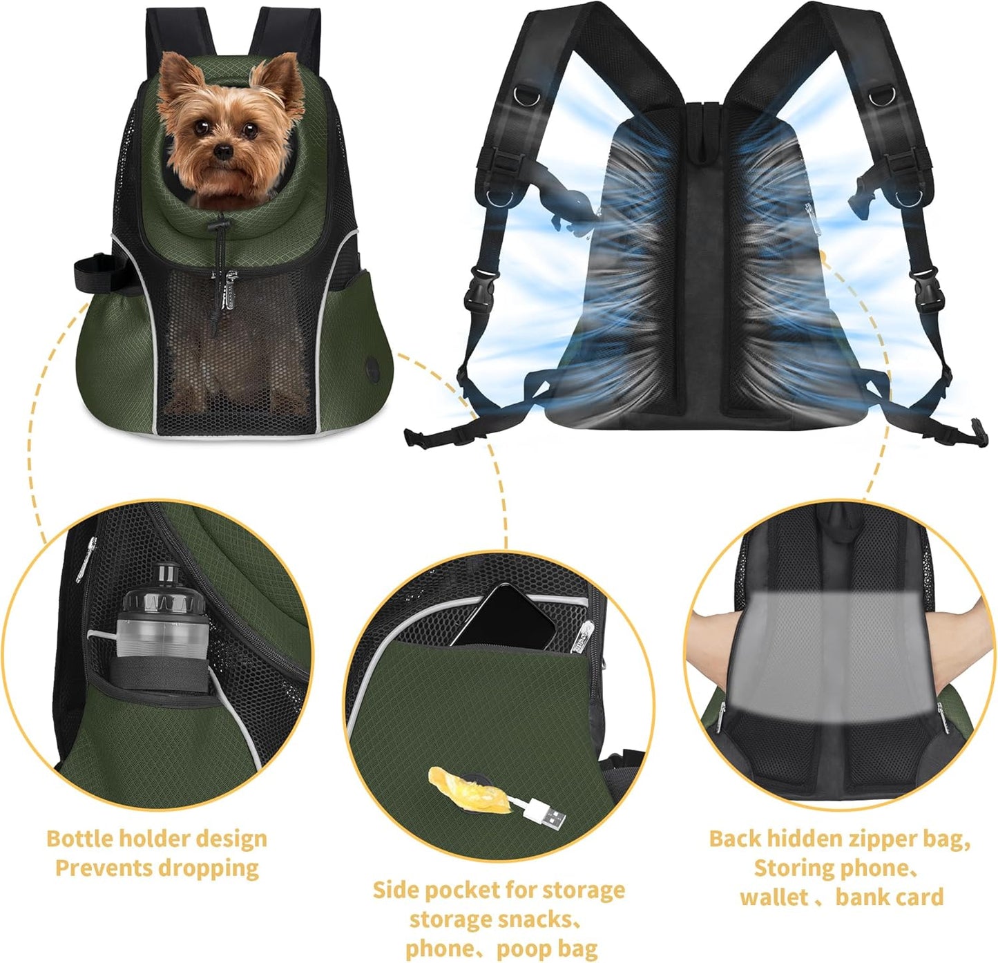 WOYYHO Pet Dog Carrier Backpack Small Dog Front Backpack Ventilated Mesh Dog Travel Back Pack with Safety Belt for Travel Hiking Cycling Outdoor Adventures (Size S: 2-4.5 lbs, Army Green)