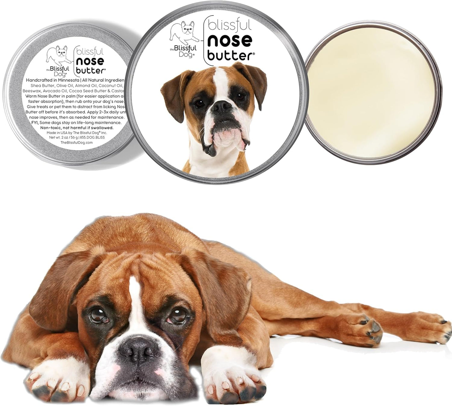 The Blissful Dog Fawn Boxer Nose Butter for Dry, Cracked Skin, Lick-Safe Dog Nose Balm with Moisturizing Shea Butter, Almond, Olive, and Essential Oils, Pet Supplies, Uncented, 4 oz.
