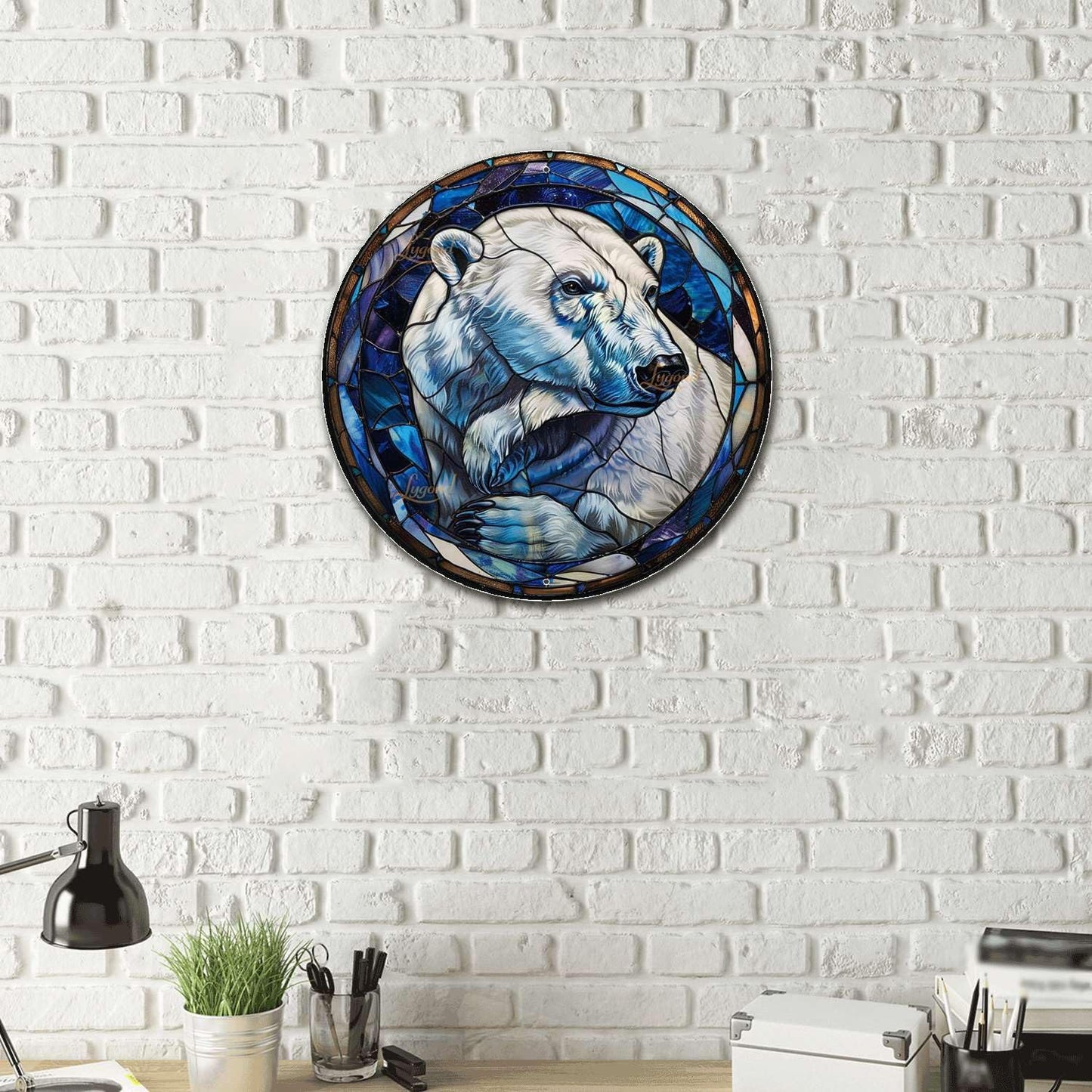 Lygond Metal Sign Tin Sign Circular Stained Glass Polar Bear Minimalist Wall Art for Gift 12×12 Inches