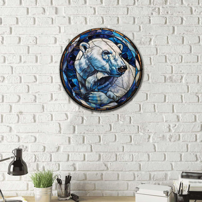 Lygond Metal Sign Tin Sign Circular Stained Glass Polar Bear Minimalist Wall Art for Gift 12×12 Inches