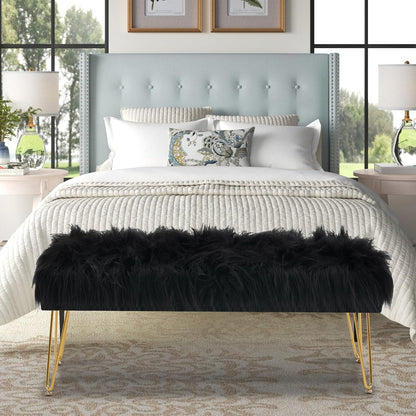 42.5 Inch Black Bedroom Bench, Benches for Bedroom White Faux Fur Upholstered Bed end Bench, Tufting Ottoman Bench Indoor Bench with Metal Legs for Living Room Bedroom Entryway, Black