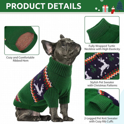 Queenmore Dog Christmas Sweater,Turtleneck Knitted Pullover Xmas Pet Clothes Sweatshirt,Christmas Outfit, Warm Dog Sweaters for Small Dogs Boy Girl,XmasDeer,L