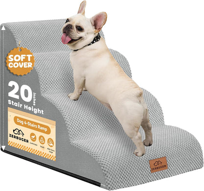 Dog Ramp and Stair for Bed 16" H-20 H,3-Step Cat Stair for Sofa and Chair,4-Step Dog Ramp for High Bed and Window,Durable Nonslip Fabric Cover for Indoor (Light Grey-20 H, Pet Friendly, 4)