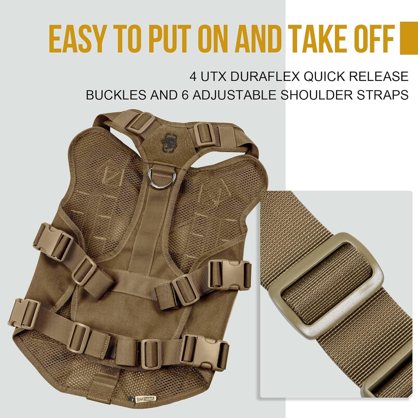 OneTigris No Pull Tactical Dog Harness for Medium Large Dog, Mesh Design Breathable Service Dog Vest with Handle, Military Dog Vest Harness with Molle Panels for Walking Hiking Training (XL, Brown)