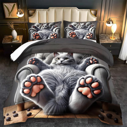 Cute Cat Comforter Set Twin,Grey Kawaii Cat Bedding Set Adult,Cute Animal Comforter for Boy,American Shorthair Bedding Grey,Kawaii Animal Print Quilt Bedroom Decor Kids