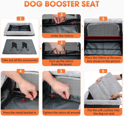 JOEJOY Deluxe Dog Booster Seat with Sturdy Metal Frame and Safety Leash for Small Pets up to 20 lbs - Portable Puppy Dog Car Seat with Thick Cushion and Storage Pockets for Small Dogs, Black