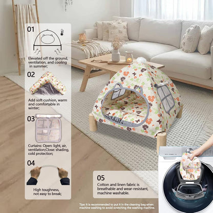 2-in-1 Elevated Cat Tent Cat House, Quick Assembly and Disassembly, Portable Indoor/Outdoor Cute Cat Bed Cave-Butterfly and Flower