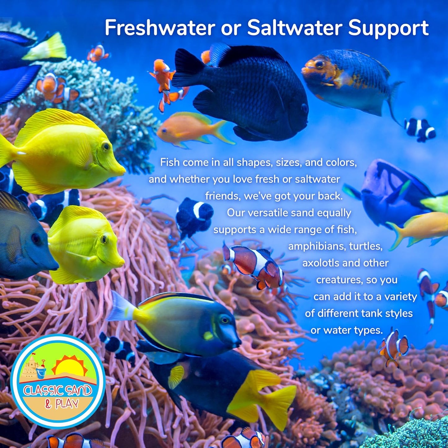 CLASSIC SAND & PLAY Natural Aquarium Sand for Freshwater and Saltwater Tanks, 40 lb. Bag, Improves Filter Life and Filtration Process, Pre-Washed Fine Sand, Blue