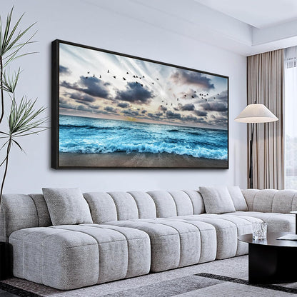 Wapluam Black Framed Canvas Wall Art For Living Room Large Wall Decoration For Bedroom Office Wall Decor Black And White Wall Painting Blue Sea Wave Pictures Artwork Modern Hotel Room Home Wall Art